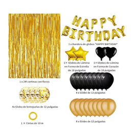 Golden Premium Foil Balloon Party Kit – Happy Birthday Banner, 2 Star & 2 Heart Foil Balloons, 10 Confetti + 10 Pearl Latex Balloons, 2m Fringe Curtain & 10m Ribbon – Elegant, Easy Setup for Birthdays & Celebrations - 0