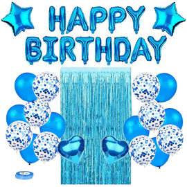 Blue Premium Foil Balloon Party Kit – Happy Birthday Banner, 2 Star & 2 Heart Foil Balloons, 10 Confetti + 10 Pearl Latex Balloons, 2m Fringe Curtain & 10m Ribbon – Elegant, Easy Setup for Birthdays & Celebrations
