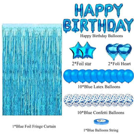 Blue Premium Foil Balloon Party Kit – Happy Birthday Banner, 2 Star & 2 Heart Foil Balloons, 10 Confetti + 10 Pearl Latex Balloons, 2m Fringe Curtain & 10m Ribbon – Elegant, Easy Setup for Birthdays & Celebrations - 0