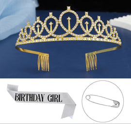 2-piece Golden and Silvery Birthday Girl Tiara and Sash Set - Elegant Rhinestone Alloy Crown with , Glitter "BIRTHDAY GIRL" Sash & Safety Pin - Perfect Princess Party Accessory for Women and Girls