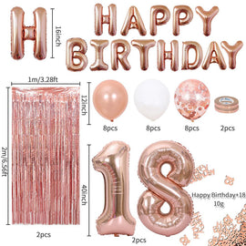 Rose Gold 18th Birthday Balloon Decoration Set - Foil Number Balloons, Happy Birthday Letter Banner, Tassel Curtain, Confetti Balloons, Latex Balloons & Tape - Complete Party Decor Kit for 18th, 21st, 30th  Birthdays