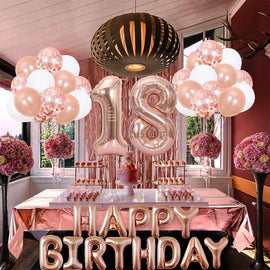 Rose Gold 18th Birthday Balloon Decoration Set - Foil Number Balloons, Happy Birthday Letter Banner, Tassel Curtain, Confetti Balloons, Latex Balloons & Tape - Complete Party Decor Kit for 18th, 21st, 30th  Birthdays - 0