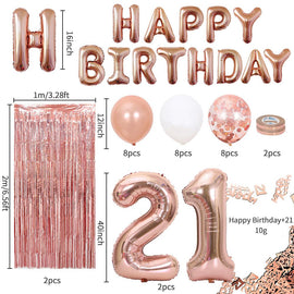 Rose Gold 21th  Birthday Balloon Decoration Set - Foil Number Balloons, Happy Birthday Letter Banner, Tassel Curtain, Confetti Balloons, Latex Balloons & Tape - Complete Party Decor Kit for 18th, 21st, 30th  Birthdays