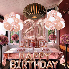 Rose Gold 21th  Birthday Balloon Decoration Set - Foil Number Balloons, Happy Birthday Letter Banner, Tassel Curtain, Confetti Balloons, Latex Balloons & Tape - Complete Party Decor Kit for 18th, 21st, 30th  Birthdays - 0