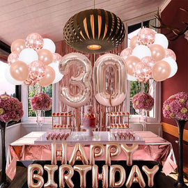 Rose Gold 30th Birthday Balloon Decoration Set - Foil Number Balloons, Happy Birthday Letter Banner, Tassel Curtain, Confetti Balloons, Latex Balloons & Tape - Complete Party Decor Kit for 18th, 21st, 30th  Birthdays - 0