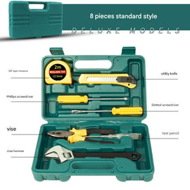 Green 8 Piece Set -Multi-Purpose Home & Car Tool Kit -  Durable Blow-Molded Case, Utility Knife, Tape Measure, Pliers, Hammer, Screwdrivers, Allen Keys - Compact Emergency Repair Set for DIY and Auto Maintenance