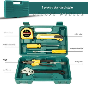 Green 8 Piece Set -Multi-Purpose Home & Car Tool Kit -  Durable Blow-Molded Case, Utility Knife, Tape Measure, Pliers, Hammer, Screwdrivers, Allen Keys - Compact Emergency Repair Set for DIY and Auto Maintenance