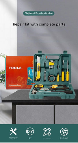Green 8 Piece Set -Multi-Purpose Home & Car Tool Kit -  Durable Blow-Molded Case, Utility Knife, Tape Measure, Pliers, Hammer, Screwdrivers, Allen Keys - Compact Emergency Repair Set for DIY and Auto Maintenance - 0