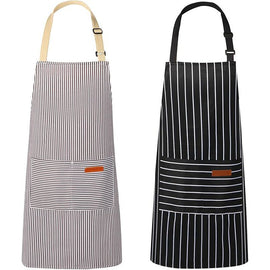 2-Pack Striped Adjustable Apron - Cross-Neck Bib Work Apron for Restaurant Catering Gardening(Gray fine stripes + black thick stripes)