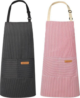 2-Pack Striped Adjustable Apron - Cross-Neck Bib Work Apron for Restaurant Catering Gardening(Pink fine stripes+black fine stripes)