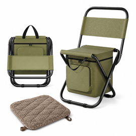 3-in-1 Green Large Portable Folding Camping Chair with Zippered Cooler Bag and 35*35cm Thick Plush Seat Cushion, Outdoor Fishing and Picnic Stool with Backrest and 25 *27 *18.5cm Insulated Storage Pocket