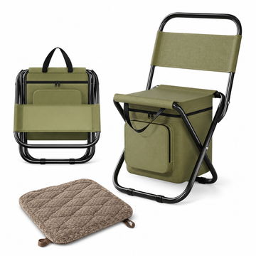 3-in-1 Green Large Portable Folding Camping Chair with Zippered Cooler Bag and 35*35cm Thick Plush Seat Cushion, Outdoor Fishing and Picnic Stool with Backrest and 25 *27 *18.5cm Insulated Storage Pocket