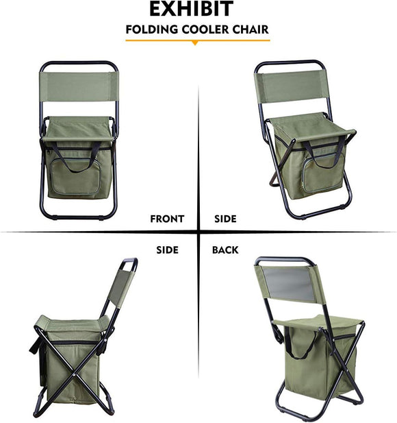 3-in-1 Green Large Portable Folding Camping Chair with Zippered Cooler Bag and 35*35cm Thick Plush Seat Cushion, Outdoor Fishing and Picnic Stool with Backrest and 25 *27 *18.5cm Insulated Storage Pocket