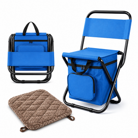 3-in-1 Blue Large Portable Folding Camping Chair with Zippered Cooler Bag and 35*35cm Thick Plush Seat Cushion, Outdoor Fishing and Picnic Stool with Backrest and 25 *27 *18.5cm Insulated Storage Pocket