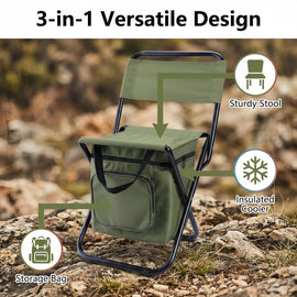 3-in-1 Blue Large Portable Folding Camping Chair with Zippered Cooler Bag and 35*35cm Thick Plush Seat Cushion, Outdoor Fishing and Picnic Stool with Backrest and 25 *27 *18.5cm Insulated Storage Pocket - 0