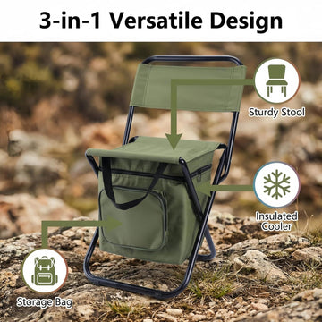 3-in-1 Blue Large Portable Folding Camping Chair with Zippered Cooler Bag and 35*35cm Thick Plush Seat Cushion, Outdoor Fishing and Picnic Stool with Backrest and 25 *27 *18.5cm Insulated Storage Pocket - 0