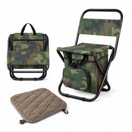 3-in-1 Camouflage Large Portable Folding Camping Chair with Zippered Cooler Bag and 35*35cm Thick Plush Seat Cushion, Outdoor Fishing and Picnic Stool with Backrest and 25 *27 *18.5cm Insulated Storage Pocket