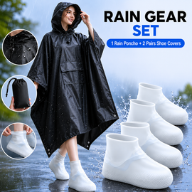 3-in-1 Black Camping Rain Poncho / Outdoor Shelter Tarp / Ground Sheet (82.7 x 55 inch) with 2 Pairs Rain Shoe Covers - Large Backpack Coverage, Drawstring Hood and Carry Bag for Hiking Trekking Cycling Use