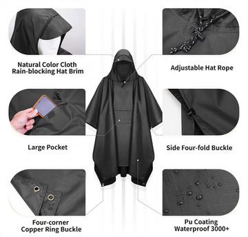 3-in-1 Black Camping Rain Poncho / Outdoor Shelter Tarp / Ground Sheet (82.7 x 55 inch) with 2 Pairs Rain Shoe Covers - Large Backpack Coverage, Drawstring Hood and Carry Bag for Hiking Trekking Cycling Use - 0