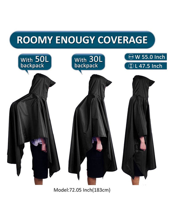 3-in-1 Black Camping Rain Poncho / Outdoor Shelter Tarp / Ground Sheet (82.7 x 55 inch) with 2 Pairs Rain Shoe Covers - Large Backpack Coverage, Drawstring Hood and Carry Bag for Hiking Trekking Cycling Use
