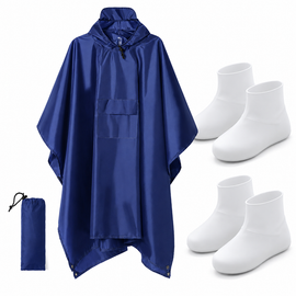 3-in-1 Blue Camping Rain Poncho / Outdoor Shelter Tarp / Ground Sheet (82.7 x 55 inch) with 2 Pairs Rain Shoe Covers - Large Backpack Coverage, Drawstring Hood and Carry Bag for Hiking Trekking Cycling Use