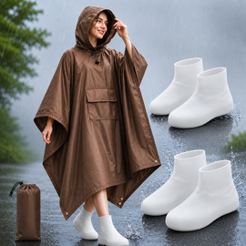 3-in-1 Brown Camping Rain Poncho / Outdoor Shelter Tarp / Ground Sheet (82.7 x 55 inch) with 2 Pairs Rain Shoe Covers - Large Backpack Coverage, Drawstring Hood and Carry Bag for Hiking Trekking Cycling Use