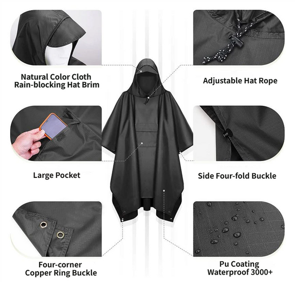 3-in-1 Brown Camping Rain Poncho / Outdoor Shelter Tarp / Ground Sheet (82.7 x 55 inch) with 2 Pairs Rain Shoe Covers - Large Backpack Coverage, Drawstring Hood and Carry Bag for Hiking Trekking Cycling Use