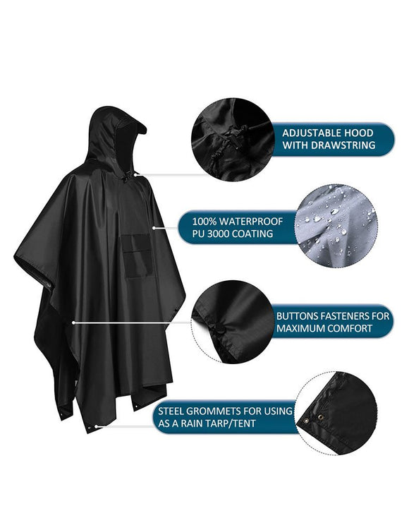 3-in-1 Grey Camping Rain Poncho / Outdoor Shelter Tarp / Ground Sheet (82.7 x 55 inch) with 2 Pairs Rain Shoe Covers - Large Backpack Coverage, Drawstring Hood and Carry Bag for Hiking Trekking Cycling Use