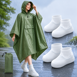 3-in-1 Green Camping Rain Poncho / Outdoor Shelter Tarp / Ground Sheet (82.7 x 55 inch) with 2 Pairs Rain Shoe Covers - Large Backpack Coverage, Drawstring Hood and Carry Bag for Hiking Trekking Cycling Use