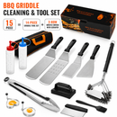 15-Piece Stainless Steel BBQ Griddle Tools and 3-Row Grill Cleaning Wire Brush Set, Portable Outdoor Barbecue Accessories Kit with 4 Spatulas, Tongs, Scraper, Heart / Round Egg Rings, 2 Oil Bottles and Storage Bag-1