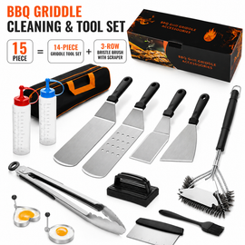 15-Piece Stainless Steel BBQ Griddle Tools and 3-Row Grill Cleaning Wire Brush Set, Portable Outdoor Barbecue Accessories Kit with 4 Spatulas, Tongs, Scraper, Heart / Round Egg Rings, 2 Oil Bottles and Storage Bag