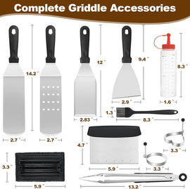 15-Piece Stainless Steel BBQ Griddle Tools and 3-Row Grill Cleaning Wire Brush Set, Portable Outdoor Barbecue Accessories Kit with 4 Spatulas, Tongs, Scraper, Heart / Round Egg Rings, 2 Oil Bottles and Storage Bag - 0