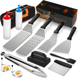 14PCS Stainless Steel BBQ Griddle Tool Kit with Carry Bag, Flat Top Grill Accessories Set for Blackstone and Camp Chef - 4 Grill Spatulas, Tong, Scraper, 2 Oil Bottles and Heart / Round Egg Rings for Outdoor Barbecue