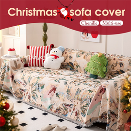 180 x 130 CM Christmas Jacquard Chenille Sofa Cover Throw Blanket with Tassel Fringe (Style 1), Elegant Festive Couch Protector Slipcover for Holiday Home Decor and Multi-Purpose Use