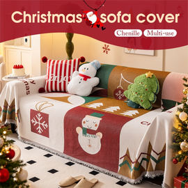 180 x 130 CM Christmas Jacquard Chenille Sofa Cover Throw Blanket with Tassel Fringe (Style 3), Elegant Festive Couch Protector Slipcover for Holiday Home Decor and Multi-Purpose Use