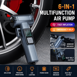6-in-1 Portable Multifunctional Wireless Car Air Pump – Portable Smart Digital Tyre Inflator with Integrated Window Breaker, Seatbelt Cutter, Power Bank Function, and High-Bright LED SOS Emergency Light - 0