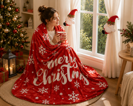 Christmas Flannel Throw Blanket and Santa Curtain Tieback Set, 150x200cm Thick Fleece Sofa Blanket with 2 Plush Santa Velcro Curtain Holders for Holiday Home Decor