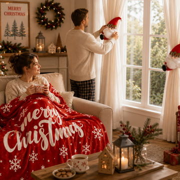 Christmas Flannel Throw Blanket and Santa Curtain Tieback Set, 150x200cm Thick Fleece Sofa Blanket with 2 Plush Santa Velcro Curtain Holders for Holiday Home Decor - 0
