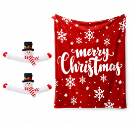 Christmas Flannel Throw Blanket and Snowman Curtain Tieback Set, 150*130cm Thick Fleece Sofa Blanket with 2 Plush Snowman Velcro Curtain Holders for Holiday Home Decor