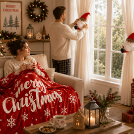 Christmas Flannel Throw Blanket and Santa Curtain Tieback Set, 150*130cm Thick Fleece Sofa Blanket with 2 Plush Santa Velcro Curtain Holders for Holiday Home Decor - 0