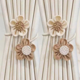 Beige-Brown Rustic Flower Curtain Tiebacks Set of 2, Handcrafted Fabric Daisy Curtain Holdbacks, No Drill Flexible Curtain Rope Buckles, Farmhouse Curtain Accessories for Sheer and Blackout Curtains