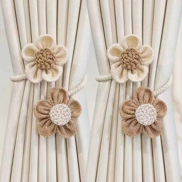 Beige-Brown Rustic Flower Curtain Tiebacks Set of 2, Handcrafted Fabric Daisy Curtain Holdbacks, No Drill Flexible Curtain Rope Buckles, Farmhouse Curtain Accessories for Sheer and Blackout Curtains