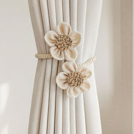 Beige Rustic Flower Curtain Tiebacks Set of 2, Handcrafted Fabric Daisy Curtain Holdbacks, No Drill Flexible Curtain Rope Buckles, Farmhouse Curtain Accessories for Sheer and Blackout Curtains
