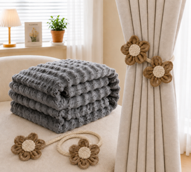 Grey Luxury Bubble Fleece Throw Blanket 180x200cm Sofa Couch Bed Blanket with FREE Pair of Flower Curtain Tiebacks, Soft Plush Textured Home Throw for Living Room Bedroom Decor