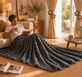 Grey Luxury Bubble Fleece Throw Blanket 180x200cm Sofa Couch Bed Blanket with FREE Pair of Flower Curtain Tiebacks, Soft Plush Textured Home Throw for Living Room Bedroom Decor - 0