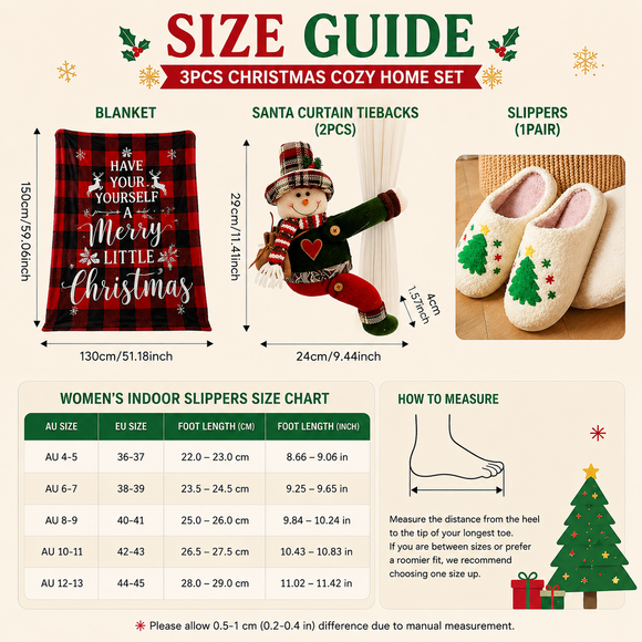 Christmas Home Comfort Set with Flannel Throw Blanket 130x150cm, Plush Indoor Slippers AU 4-5 and Santa Curtain Tiebacks, Cozy Holiday Gift Bundle