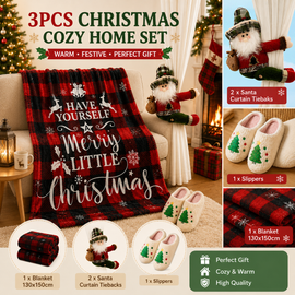 Christmas Home Comfort Set with Flannel Throw Blanket 130x150cm, Plush Indoor Slippers AU 12-13 and Santa Curtain Tiebacks, Cozy Holiday Gift Bundle