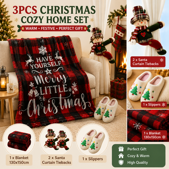 Christmas Home Comfort Set with Flannel Throw Blanket 130x150cm, Plush Indoor Slippers AU 8-9 and Snowman Curtain Tiebacks Set of 2, Festive Holiday Gift Bundle