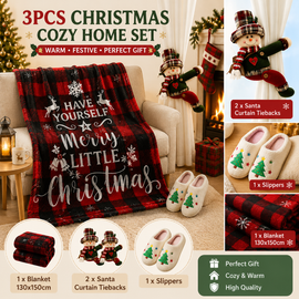Christmas Home Comfort Set with Flannel Throw Blanket 130x150cm, Plush Indoor Slippers AU 10-11 and Snowman Curtain Tiebacks Set of 2, Festive Holiday Gift Bundle