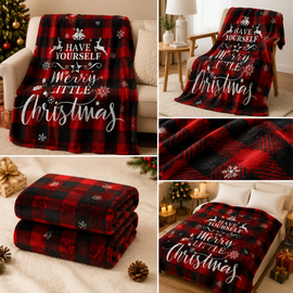 Christmas Home Comfort Set with Flannel Throw Blanket 130x150cm, Plush Indoor Slippers AU 10-11 and Snowman Curtain Tiebacks Set of 2, Festive Holiday Gift Bundle - 0